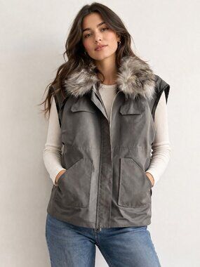 Caron Callahan SAMPLE Grey Cotton Blend Best with Real Fur Collar M